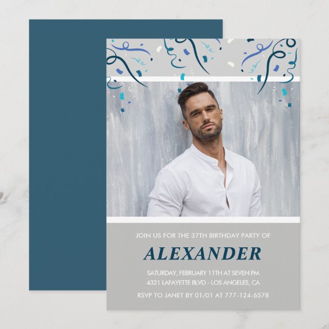 Convite Foto Confetes azuis marinho para ele 37º aniversár (Frente/Verso)