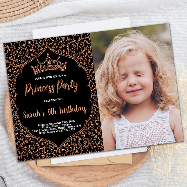 Convite Foto: Copper Glitter Princess Birthday Invtions (Photo Copper Glitter Princess Birthday Invitations)