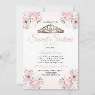 Convite Foto Cor-de-Rosa Blush Floral Elegante Sweet 16 Co