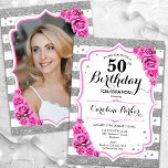 Convite Foto Cor-de-Rosa Branca de Prata Floral 50º Aniver<br><div class="desc">Elegante, floral, 50º aniversário feminino com sua foto no final do cartão. Design cor-de-vidro branco, rosa com prata brilhante. Apresenta faixas, rosas cor-de-rosa-bebê, fontes de script e confetti. Perfeito para uma festa de comemoração de na moda adulto. Personalize com seus próprios detalhes. Pode ser personalizado para qualquer idade! Impressos convites...</div>