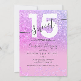 Convite Foto cor-de-rosa de confete com brilho roxo Quince