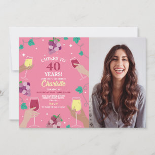 Convite Foto cor-de-rosa do Provando de Vinho aniversário 