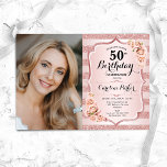Convite Foto cor-de-rosa Dourada Elegante 50º aniversário<br><div class="desc">Elegante convite floral feminino para o 50º aniversário com sua foto. Design cor-de-rosa com brilho brilhante, com ouro rosa. Recursos stripes, rosa vermelha, fonte de script e confetti. Perfeito para uma festa de comemoração de na moda adulto. Personalize com seus próprios detalhes. Pode ser personalizado para qualquer idade! Impressos convites...</div>