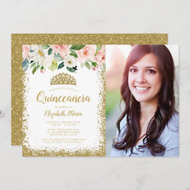 Convite Foto cor-de-rosa Dourada, Glitter Tiara Quinceaner (Frente/Verso)