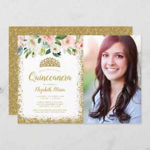 Convite Foto cor-de-rosa Dourada, Glitter Tiara Quinceaner