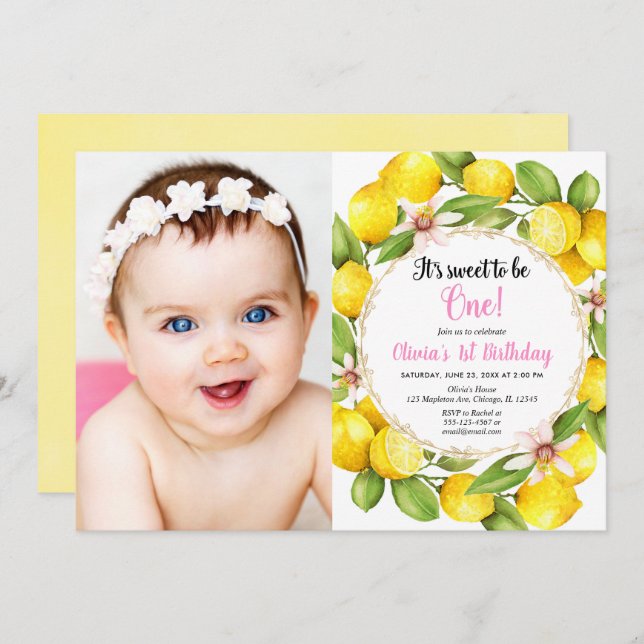 Convite Foto cor-de-rosa e amarela da menina do primeiro (Frente/Verso)