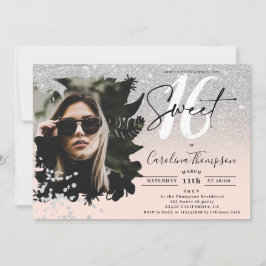 Convite Foto cor-de-rosa floral com brilho de prata Doce 1