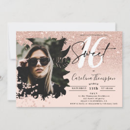 Convite Foto cor-de-rosa floral mbre rosa dourada Doce 16