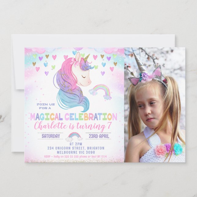 Convite Foto Corações Estrelas Rainbow Unicorn Aniversário (Frente)