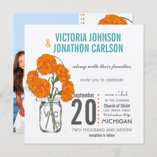 Convite Foto Coral Turquoise Rustic Mason Jar Carnations (Frente/Verso)