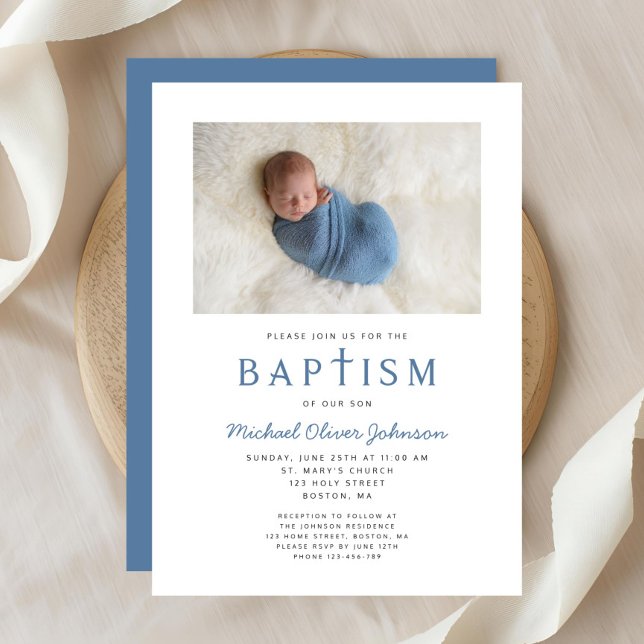 Convite Foto: Cruz Religiosa Blue Boy Baptism (Photo Religious Cross Blue Boy Baptism Invitation)