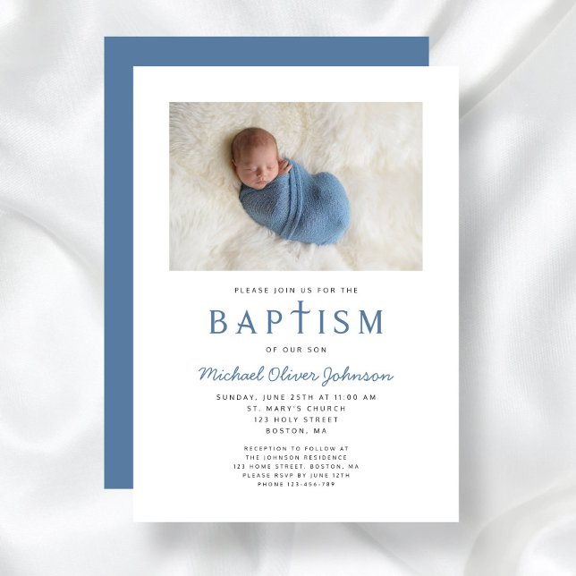 Convite Foto: Cruz Religiosa Blue Boy Baptism (Photo Religious Cross Blue Boy Baptism Invitation)