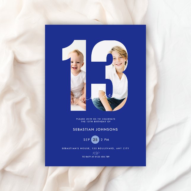 Convite Foto Customizada Roxa Meninos Número Aniversário d (13th birthday invitation dark blue for boys)