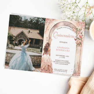 Convite Foto da Arca Floral do Vestido de Quinceañera, Ros