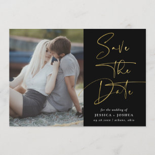 Convite Foto da caligrafia Dourada e preta - Salvar o cart