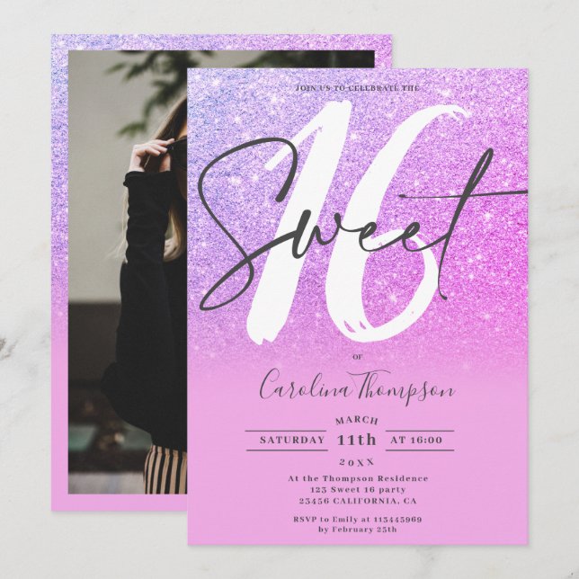 Convite Foto da cor rosa púrpura de brilho mbre Doce 16 (Frente/Verso)