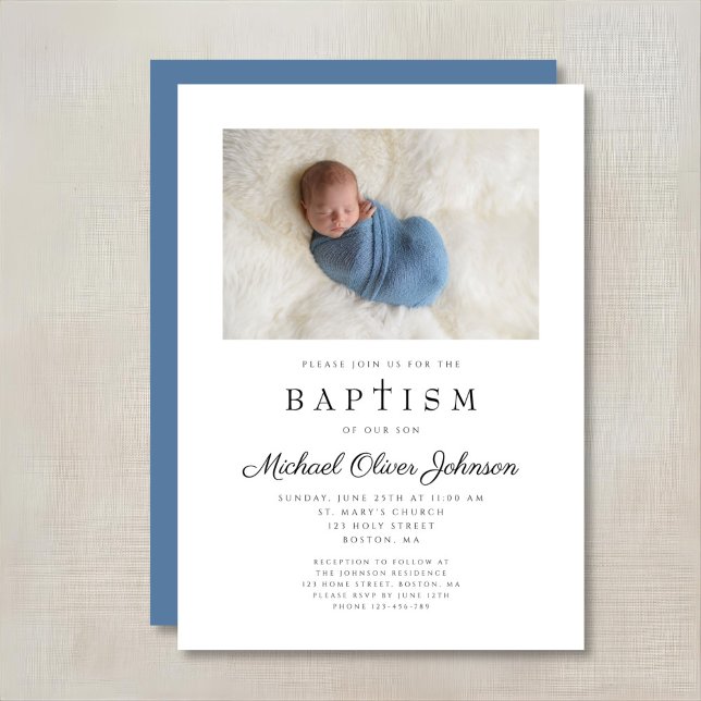 Convite Foto da Cruz Religiosa Blue Boy Baptism (Religious Cross Photo Blue Boy Baptism Invitation)