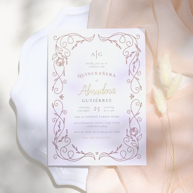 Convite Foto da Elegante Quinceañera, Frame Dourado Gilded (Criador carregado)