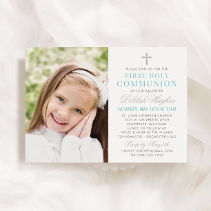 Convite Foto da Elegante Silver Teal First Communion Girl
