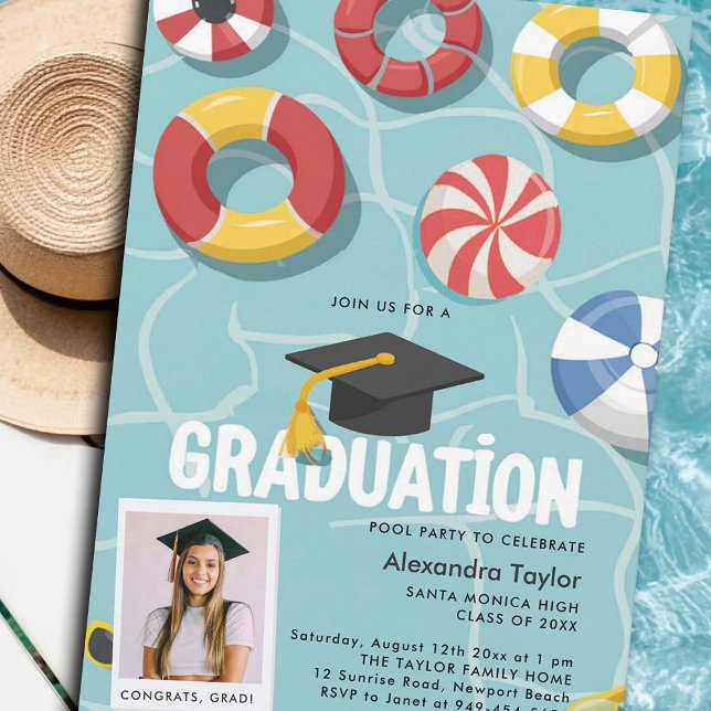 Convite Foto da Faculdade de Segundos graus da Piscina de  (graduation pool party invitations grad photo template cards summer swimming fun cool modern)
