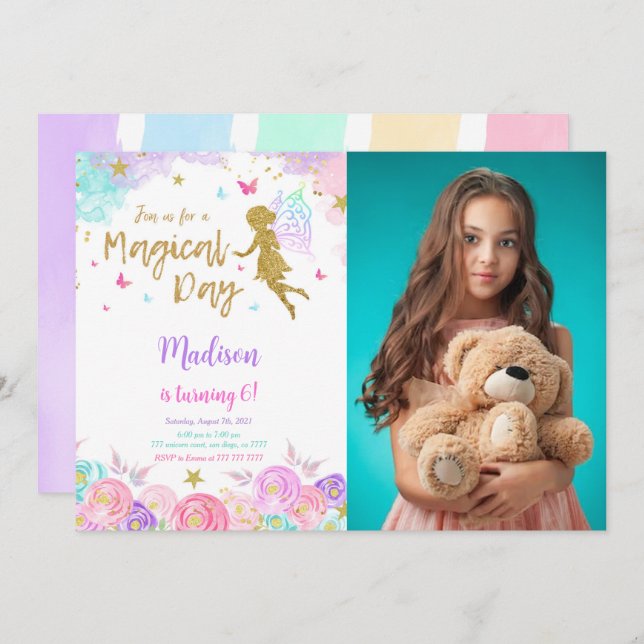 Convite Foto da Fada de Aniversário do 6 (Frente/Verso)