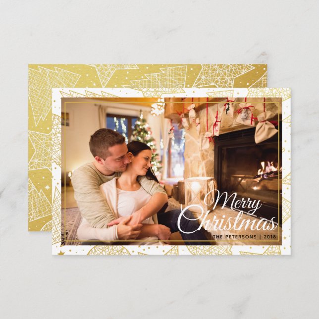 Convite Foto da família de Natal Dourada e branca feliz (Frente/Verso)