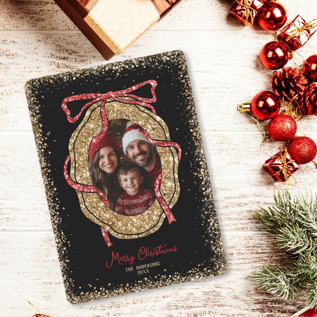 Convite Foto da Família Feliz de Natal, Dourada Vermelha (red and gold glitter bow photo frame christmas card)