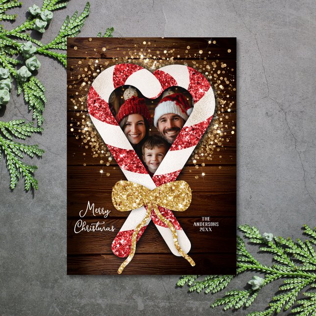 Convite Foto da família Rustic Candy Cane Frame (rustic wood and glitter candy cane)