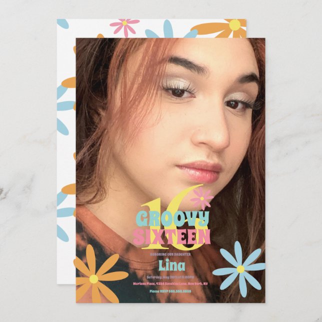 Convite Foto da Festa de aniversário 16 Sweet da Flor Retr (Frente/Verso)