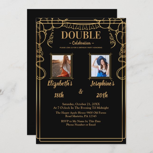 Convite Foto da Festa de aniversário Conjunta 2 Adultos (Frente/Verso)