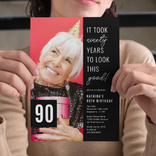 Convite Foto da Festa de aniversário de 90 branco e preto 