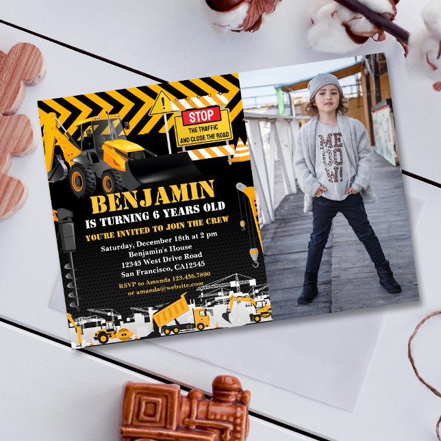 Convite Foto da Festa de aniversário de Construção Backhoe (Criador carregado)