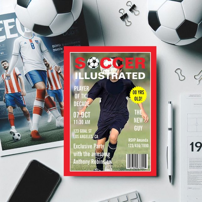 Convite Foto da Festa de aniversário de futebol da Celebri (Magazine Celebrity Soccer Birthday Party photo Invitation)