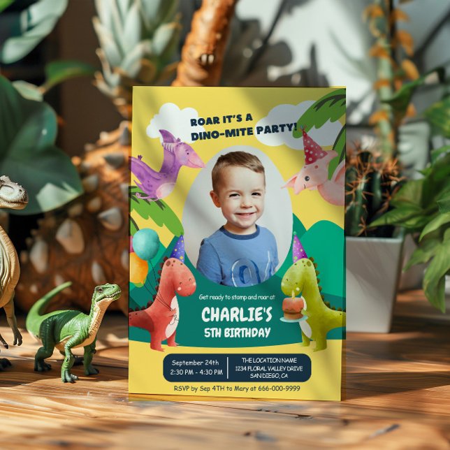 Convite Foto da Festa de aniversário do carro do dinossaur (Dinosaur Birthday Party Invitation with photo)