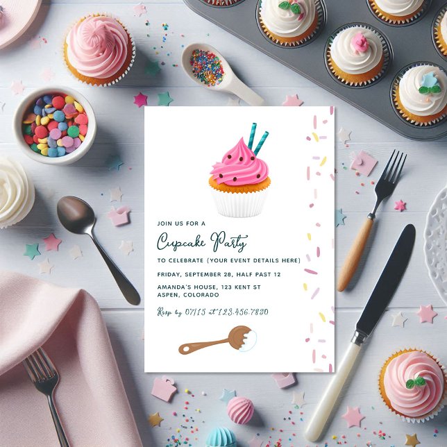 Convite Foto da Festa de aniversário do Cupcake rosa e das (Pink Cupcake and Sprinkles Birthday Party Photo Invitation)