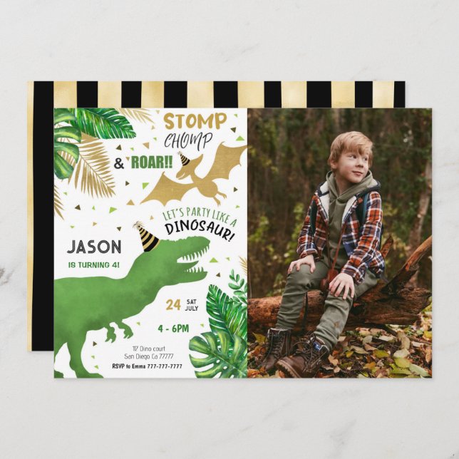 Convite Foto da Festa de aniversário do Dinossauro (Frente/Verso)