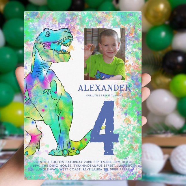 Convite Foto da Festa de aniversário do Dinossauro T-Rex (Colorful T-Rex dinosaur 4th birthday party invitation with kids photo)