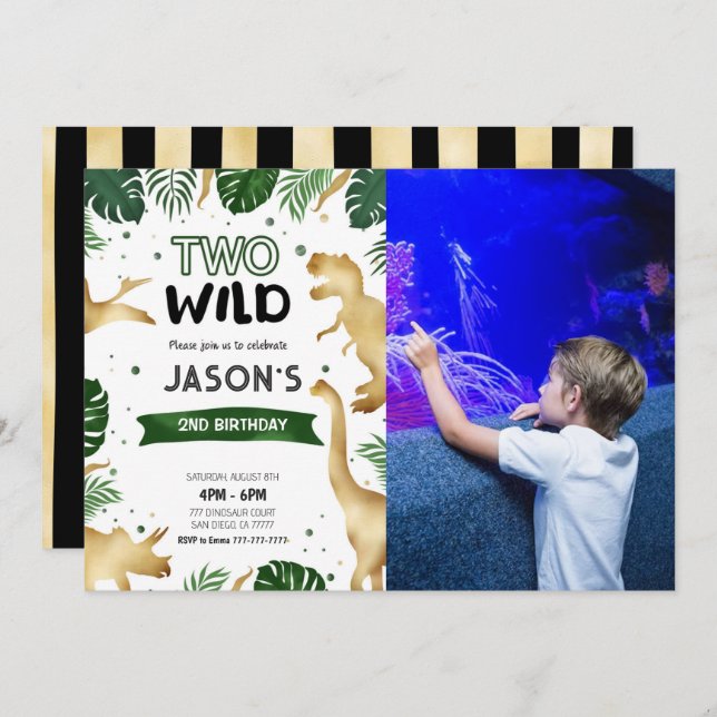 Convite Foto da Festa de aniversário do Dinossauro Verde e (Frente/Verso)