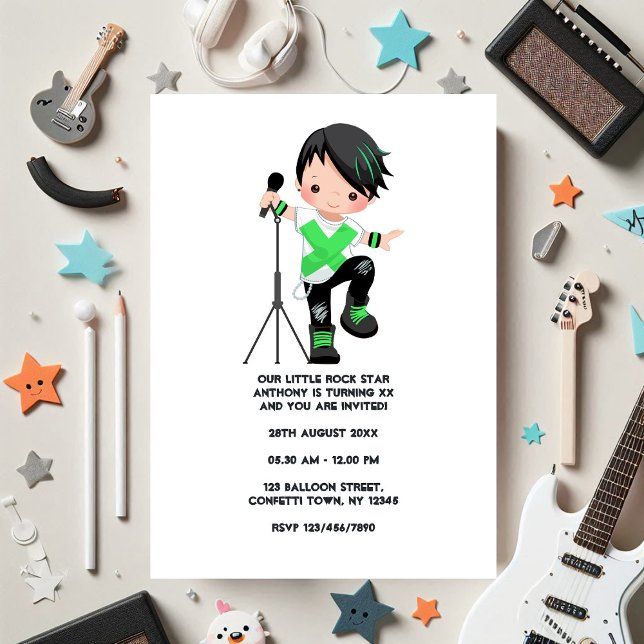 Convite Foto da Festa de aniversário do White Boy Rock Sta (Cute Boy Rock Star Birthday Party Photo Invitation)