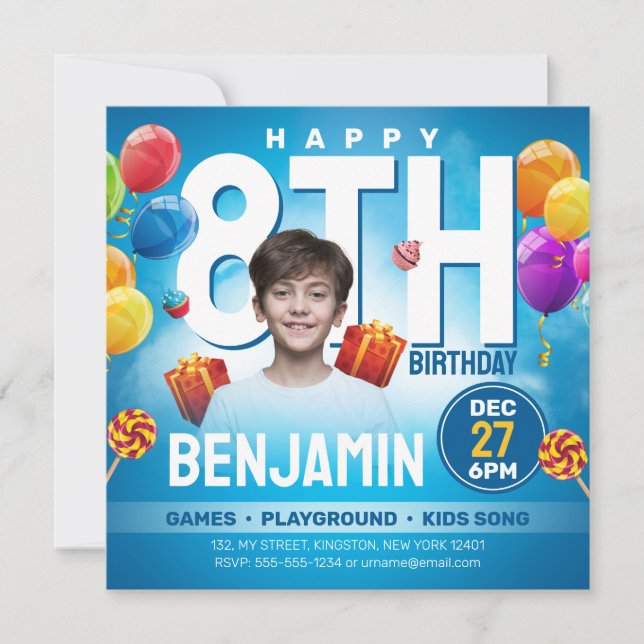 Convite Foto da Festa de Bithday Blue Kids Festivo (Frente)