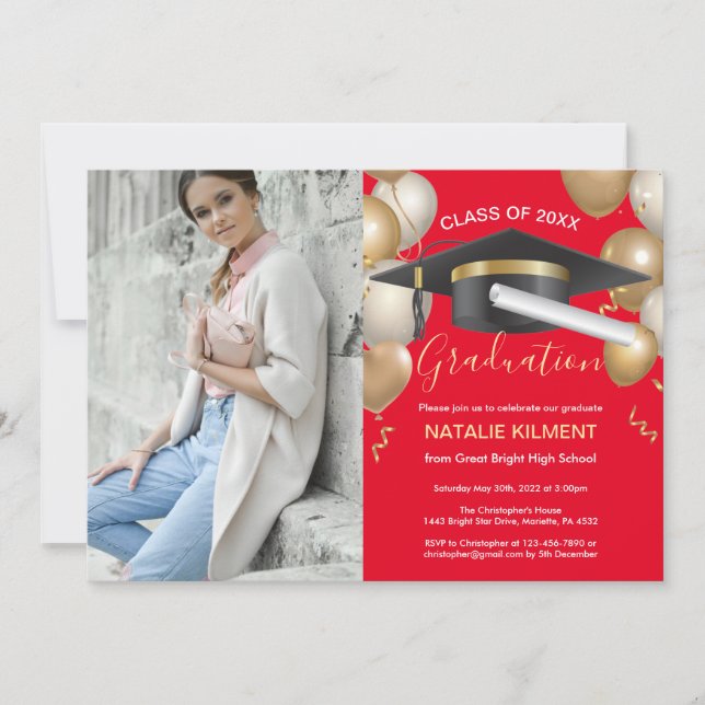 Convite Foto da Festa de formatura do Boné vermelho e Dour (Frente)