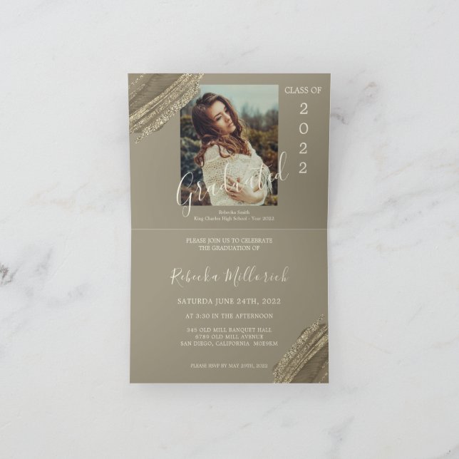 Convite Foto da Festa de Formatura Marrom Verde Dourado El (Interior)
