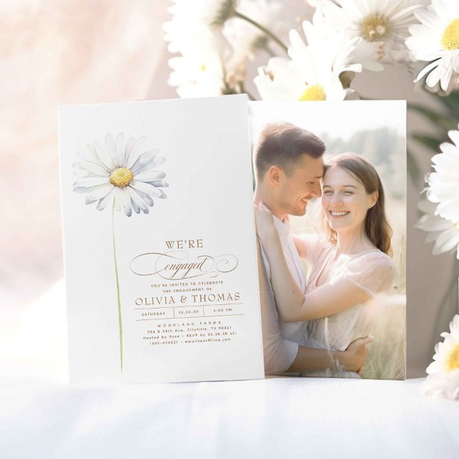 Convite Foto da Festa de noivado White Daisy Wildflower (We're Engaged - Wildflowers Themed Engagement Party Photo Invitations)