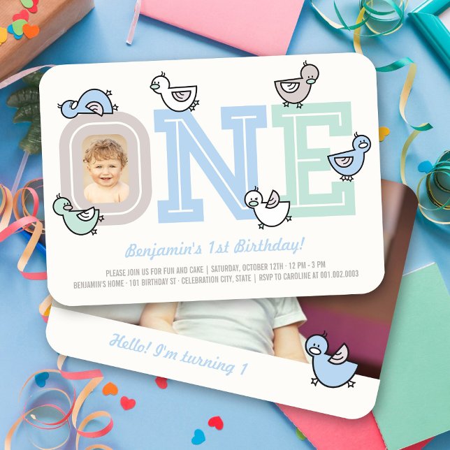 Convite Foto da Festa de primeiro aniversario do Big One B (Pastel Blue Cute Ducks Big One Boy's 1st Birthday Party Photo Invitation @ fatfatin_mini_me)