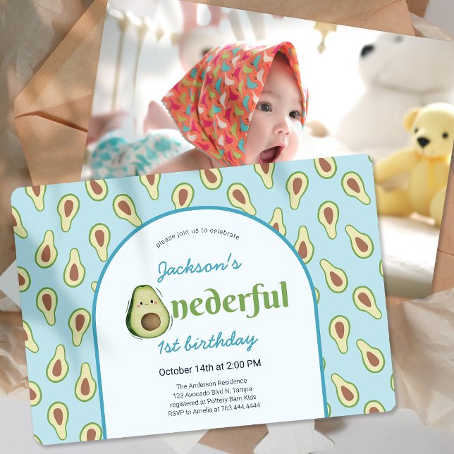Convite Foto da Festa do primeiro aniversario Avocado Mara (Onederful Avocado 1st Birthday Party Photo Invitation)