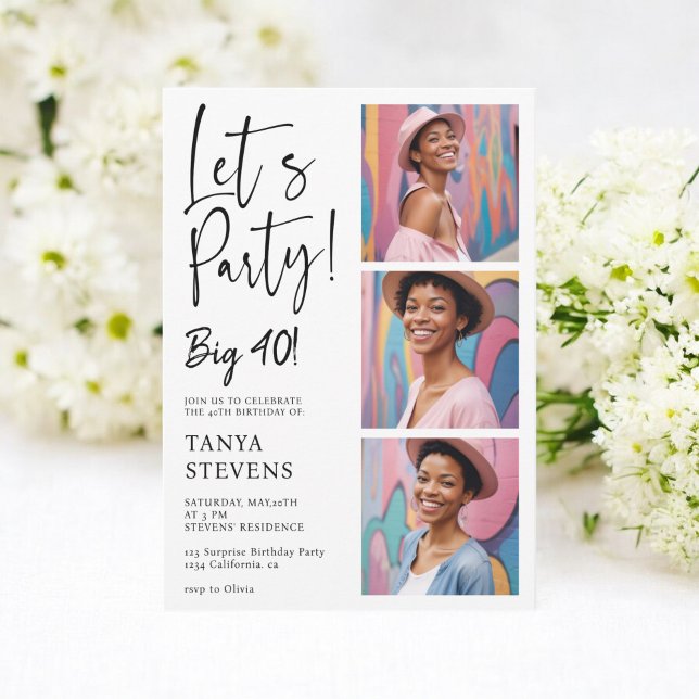Convite Foto da festa do vamos surpresa negra de quarenta  (Let's party photo black surprise forty birthday invitation)