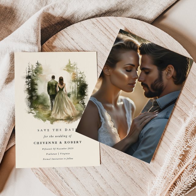 Convite Foto da Floresta de Aquarela Encantada Salvar a Da (Enchanted Forest Photo Save the Date )