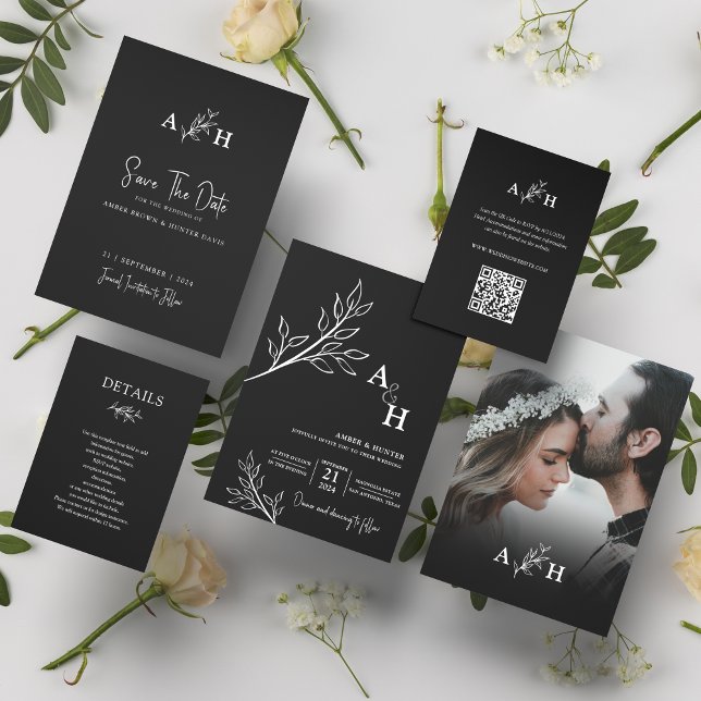 Convite Foto da Folhagem do Monograma Moderno Preto (Criador carregado)