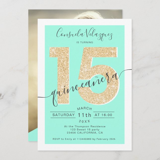 Convite Foto da mint quinceanera do script de relva dourad (Frente/Verso)