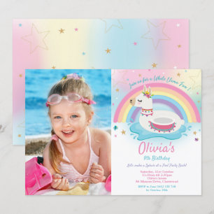 Convite Foto da Piscina Rainbow Llama Birthday Girl